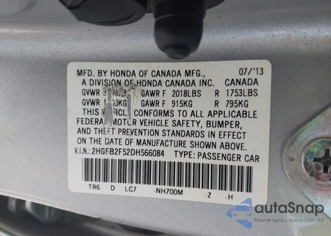 2013 Honda Civic Lx из США, поврежденный, VIN 2HGFB2F52DH566084